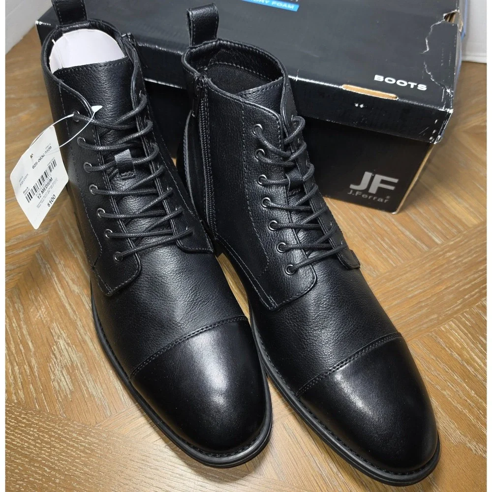 J Ferrar Colebrook Men Black Cap Toe Dress Boots Memory Foam Size 12M NWB
